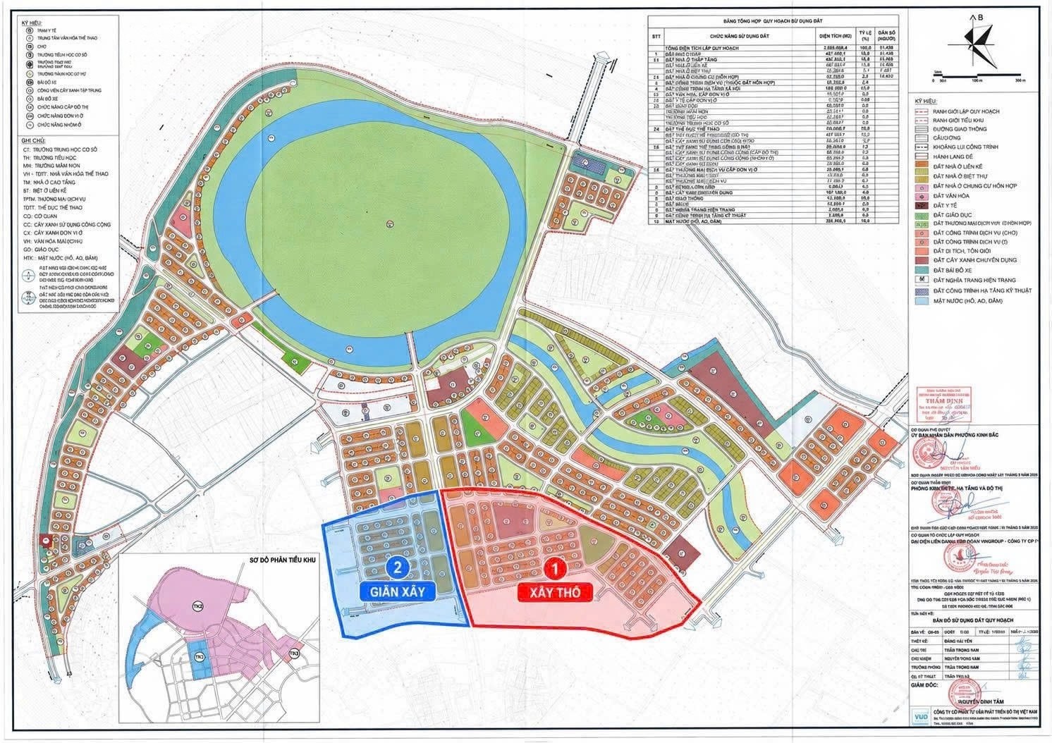 Mặt bằng Vinhomes King Park khoanh khu giãn xây (xanh) và xây thô (đỏ)