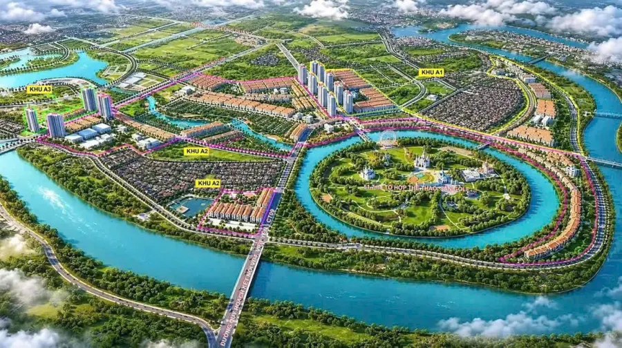 Vinhomes King Park Bắc Ninh - Phối cảnh chia khu A1, A2, A3 trong tài liệu bán hàng (bản vẽ 1/500 gọi là tiểu khu TK1, TK2, TK3). Ảnh phối cảnh minh họa, không phải ảnh thực tế.