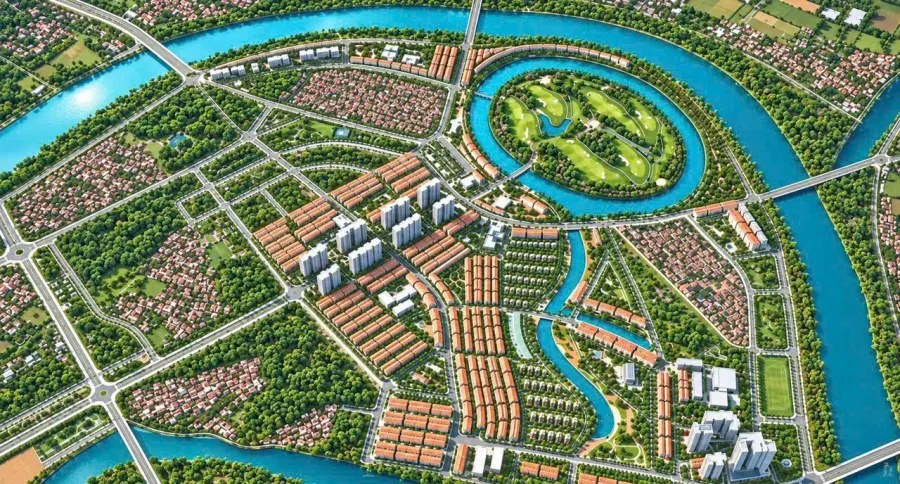Vinhomes King Park Bắc Ninh - Các dãy thấp tầng và cụm chung cư nhìn từ trên cao, trong tài liệu bán hàng. Ảnh phối cảnh minh họa, không phải ảnh thực tế.