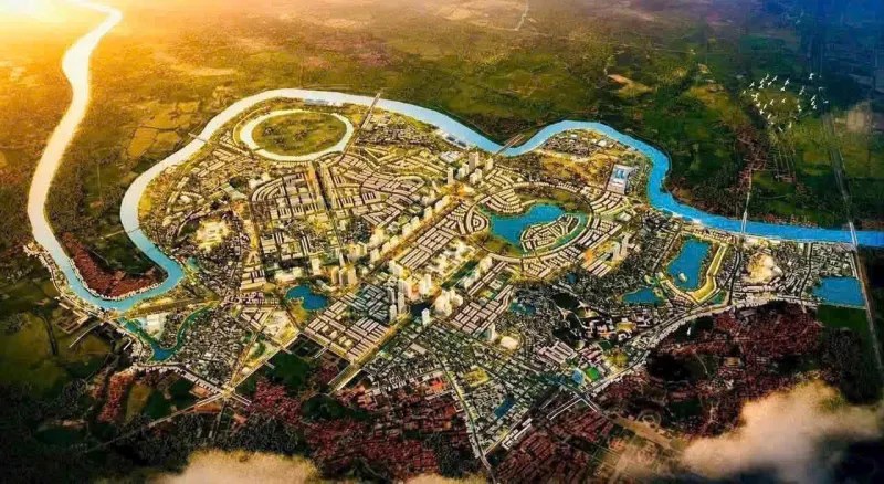 Vinhomes King Park Bắc Ninh - Toàn cảnh khu đô thị trên bán đảo, sông Cầu uốn quanh. Phối cảnh chủ đầu tư công bố. Ảnh phối cảnh minh họa, không phải ảnh thực tế.