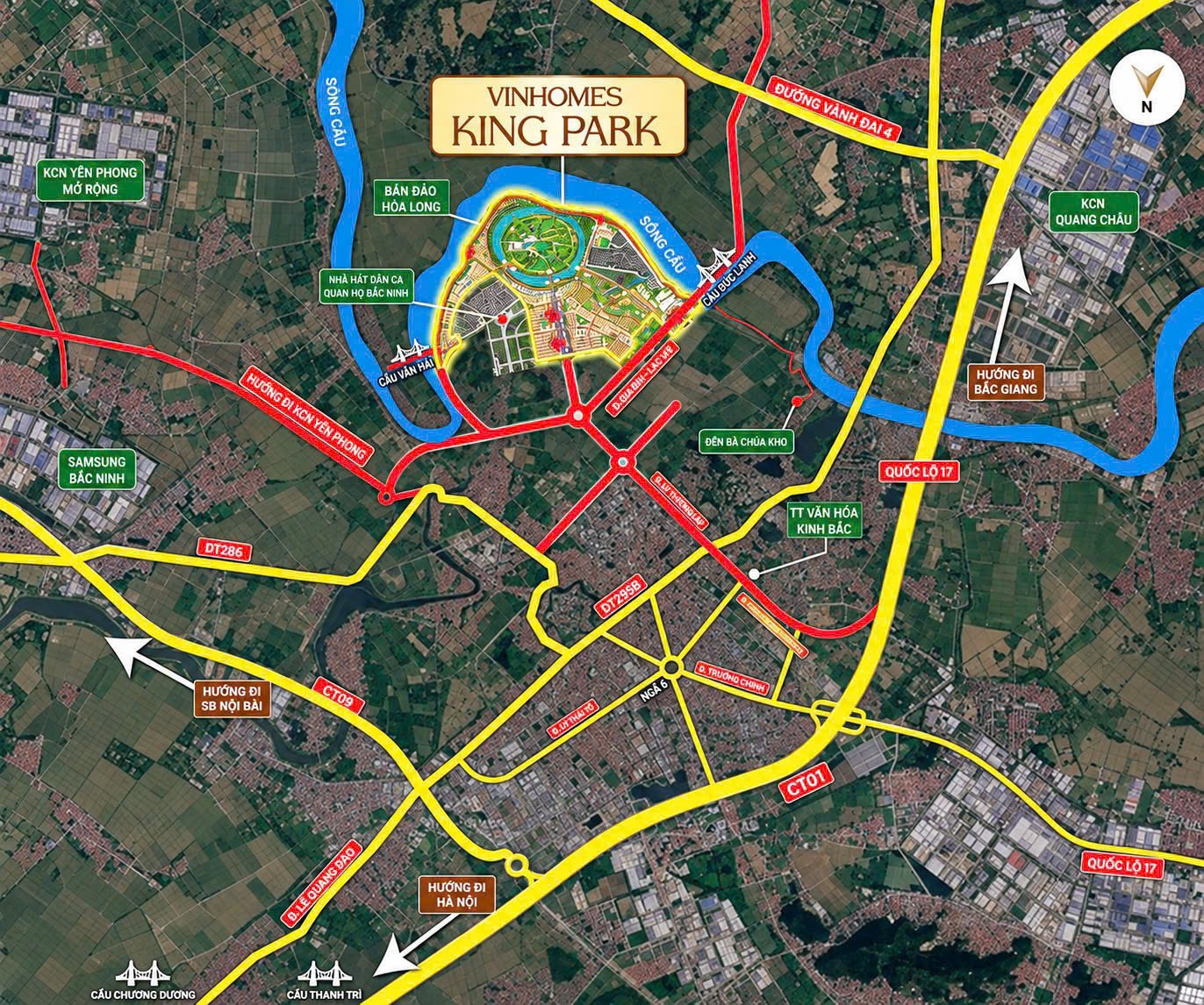 Vinhomes King Park Bắc Ninh - Vị trí bán đảo Hòa Long trong khúc uốn sông Cầu, kết nối các trục đường lớn và trung tâm TP Bắc Ninh. Ảnh minh họa trong tài liệu bán hàng.